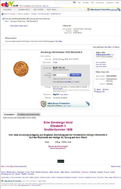 2010deepblue2010 1958 Uncirculated Sovereign eBay Auction Listing